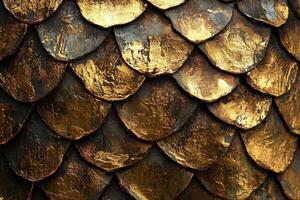 Golden scaly textured surface shows overlapping circular or oval patterns photo