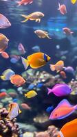 Many colorful fish swimming in a large aquarium photo
