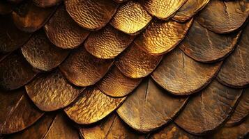 Close up of textured golden brown scales overlap each other photo
