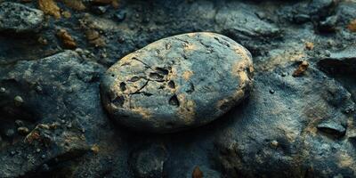 Rough textured rock lies on a bed of similar stones photo