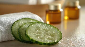 Cucumber slices and a bottle of essential oil photo