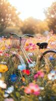 A bicycle is parked in a field of flowers photo