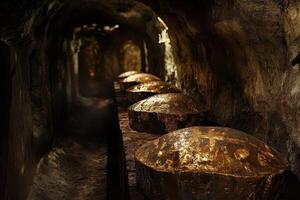 Golden treasures lined in a subterranean cavern passage way photo