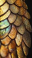 Close up of iridescent golden dragon scales with dark edges photo