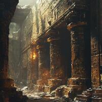 Ancient egyptian temple ruin with massive columns and hieroglyphics photo