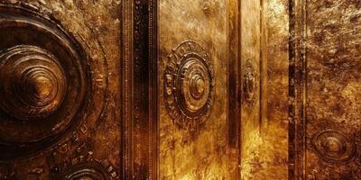 Ornate golden doors adorned with concentric carvings and patterns photo