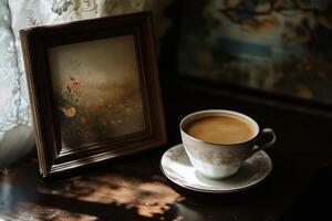 A cup of coffee and a framed picture on a table photo
