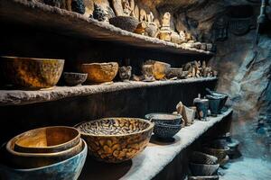 Collection of carved stone bowls and artifacts on stone shelves photo