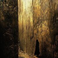 Silhouette stands amidst towering golden canyon walls bathed in light photo