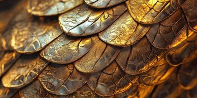 Detailed closeup of textured golden dragon scales shimmering with light photo