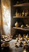 Glistening golden pottery is displayed on shelves and floor photo