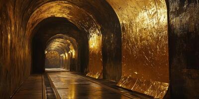 Long perspective of illuminated golden tunnel with tracks photo