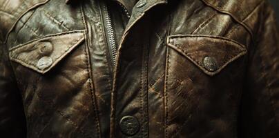 Distressed brown leather jacket with buttoned pockets and zipper photo
