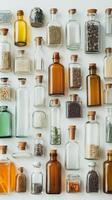 Various types of glass jars with different types of spices photo