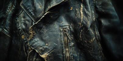 Worn and distressed black leather jacket with zipper detail photo
