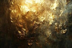 Gold flakes adhered to a rough grey stone surface photo
