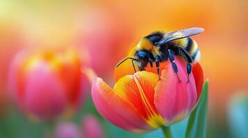 Bee on a tulip wallpaper photo