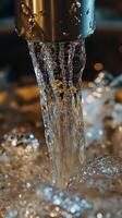 A close up of a water faucet with water flowing photo