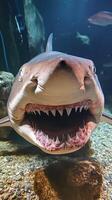A shark with its mouth open and teeth showing photo