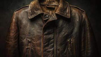 Well worn leather jacket with fur collar is displayed photo
