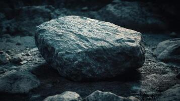Large dark grey rock sits amongst smaller rocks on ground photo