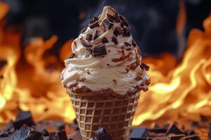 An ice cream cone with chocolate and whipped cream on top photo