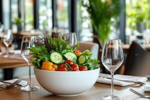 A bowl of salad with vegetables and wine glasses on a table photo