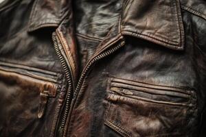 Close up shot of a worn leather jacket with zipper photo