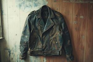 Distressed brown leather motorcycle jacket hangs on a weathered door photo