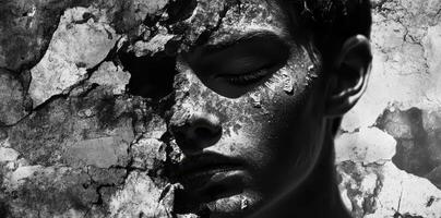 Woman s face merging with distressed and crumbling rock texture photo