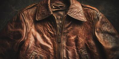 Vintage brown leather aviator jacket with zipper close up photo