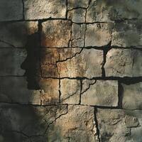 Profile silhouette embedded in weathered cracked stone block wall photo