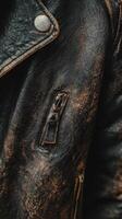 Close up showing worn leather jacket texture and zipper details photo