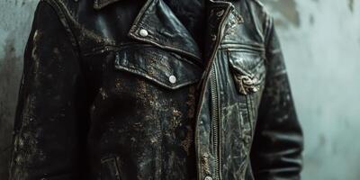 Close up of a heavily worn and distressed leather jacket photo