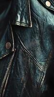 Close up of a worn leather jacket with zipper photo