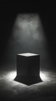 An empty cube in a dark room with light coming from the top photo