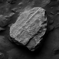 A single dark grey rock rests on a slate surface photo
