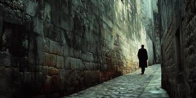 Lone figure walks down a narrow cobbled stone alleyway photo