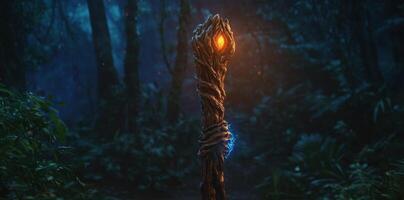 Enchanted wooden staff glows magically in a dark forest photo