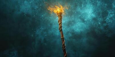 A mystical wooden staff is topped with a fiery orb photo