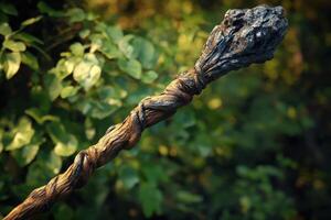 A gnarled wooden staff with a rough stone head photo