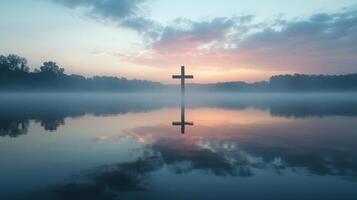 A cross is reflected in the water at sunrise photo