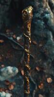 Wooden staff intricately detailed with winding gold on a blurred background photo