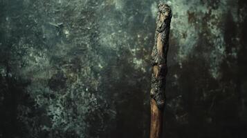 Rustic wooden staff stands against a dark textured background photo