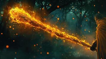 A cloaked figure holds a flaming torch in dark woods photo