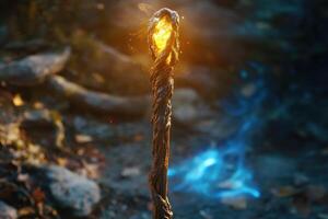 Magical wooden staff with glowing orange and ethereal blue light photo