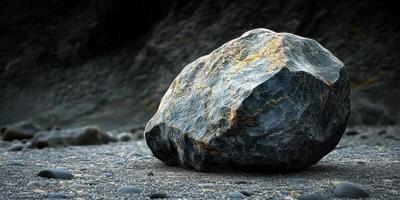 Large boulder sits on pebble covered ground with dark background photo