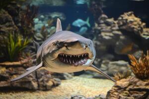 A shark with its mouth open in an aquarium photo