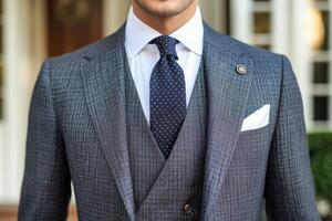 A man in a suit and tie standing outside photo
