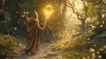 Wizard walking in a forest casting a golden spell photo